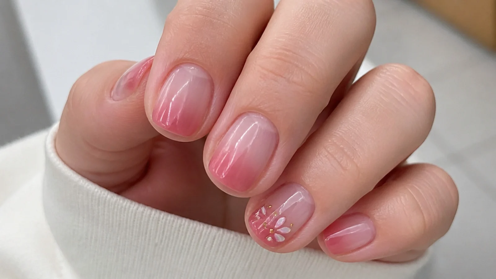 Short soap nails with a sheer rosy pink flush concentrated near the tips