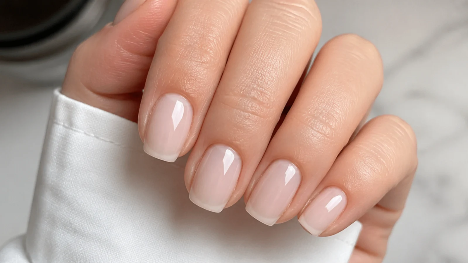 Short squoval soap nails in sheer milky-clear with tidy straight tips
