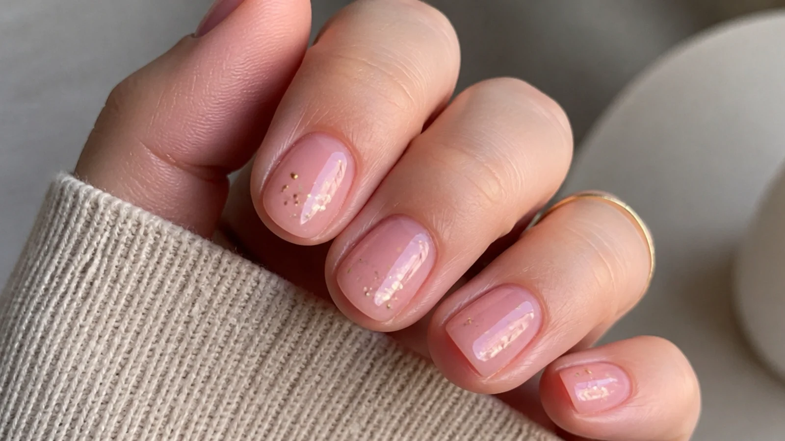 Very short round soap nails in sheer pink following the natural fingertip
