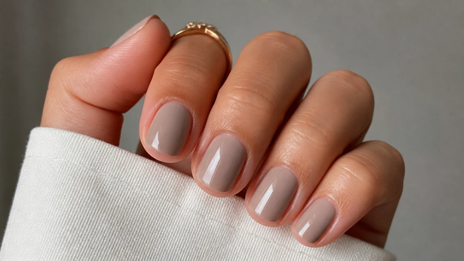Short soap nails in a sheer cool gray-taupe neutral