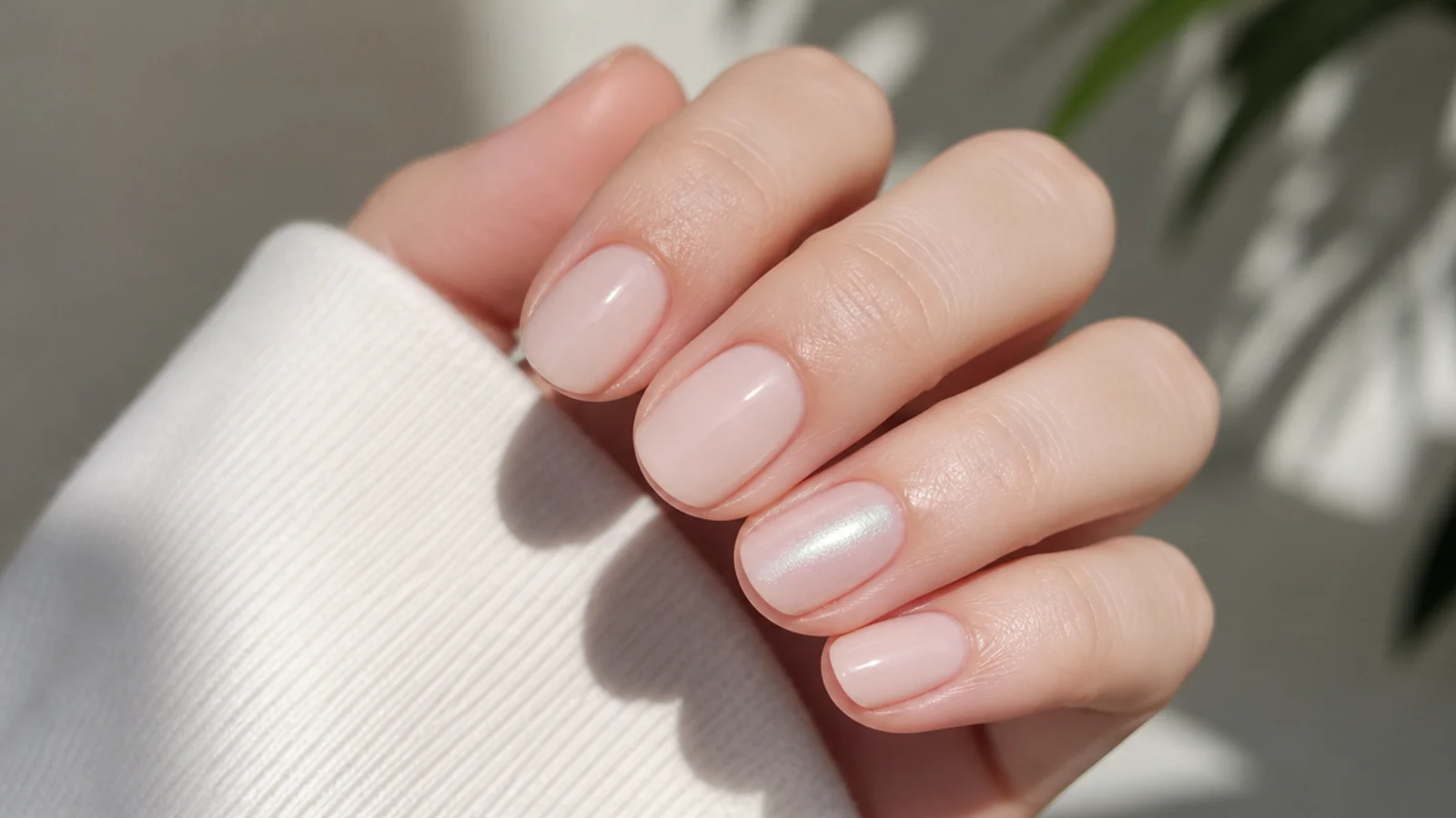 Short milky soap nails with one subtle pearl-sheen accent nail
