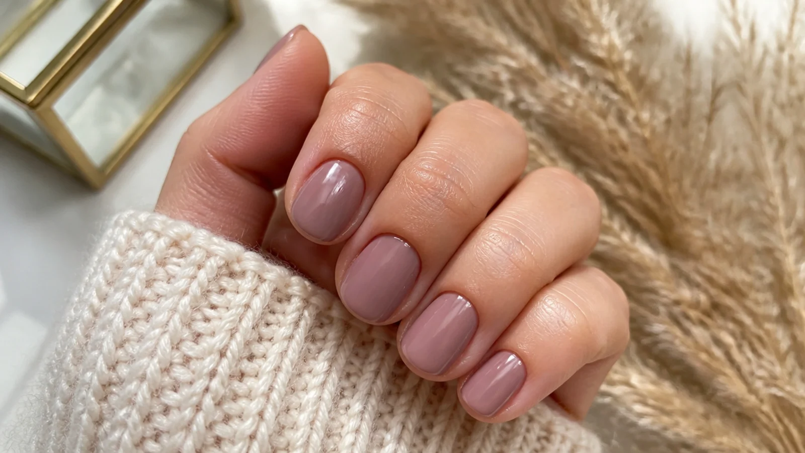 Short soap nails in a sheer dusty mauve neutral tint