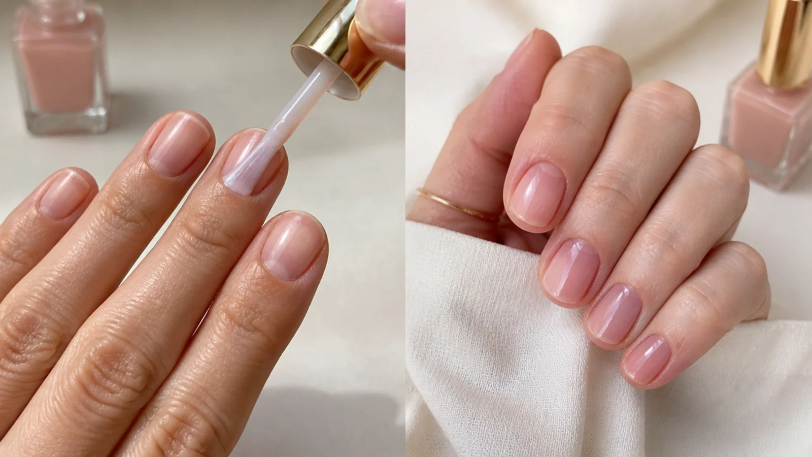 Short nails being prepped and painted with sheer soap polish at home