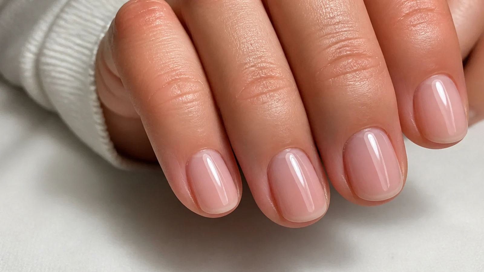 Short sheer soap nails with a glassy just-washed finish on a natural nail