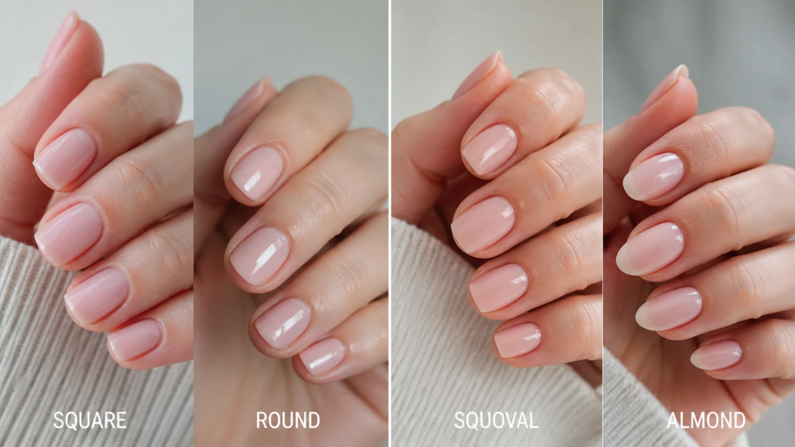 Short soap nails shown on square, round, squoval and almond shapes