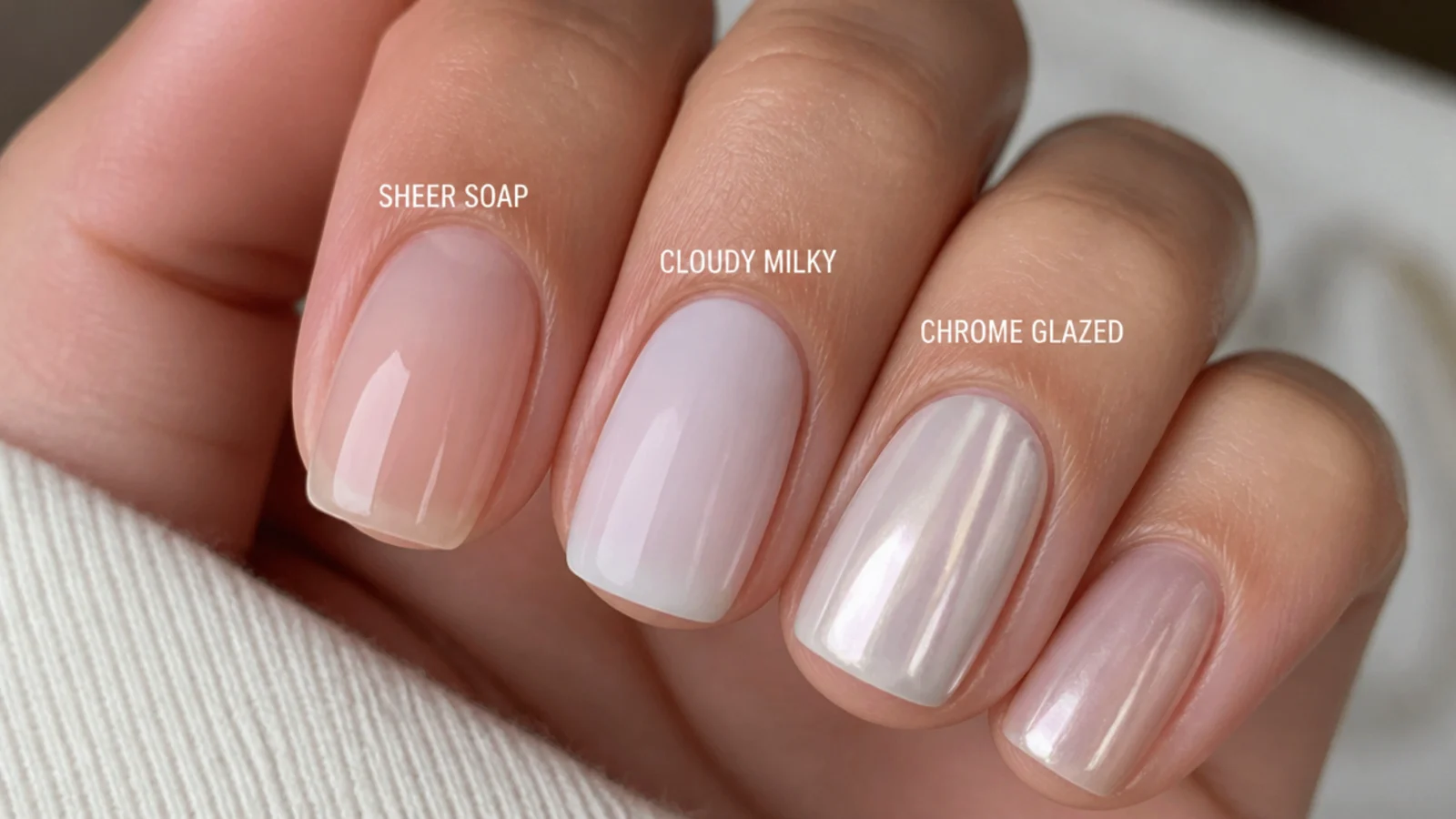Three short nails compared - sheer soap, cloudy milky and chrome glazed