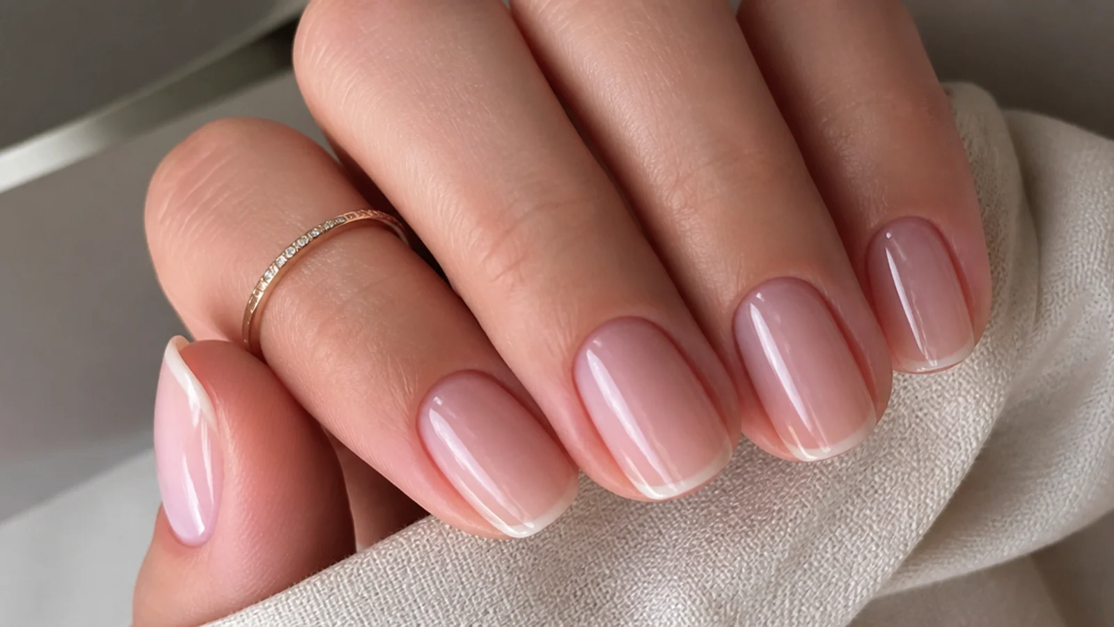 Sheer milky-clear glassy soap nails on short natural nails