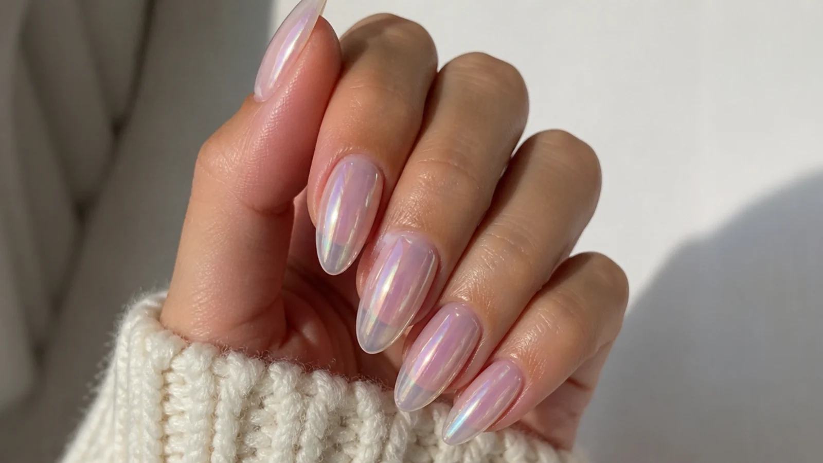 Sheer pearl soap bubble nails on a long almond shape