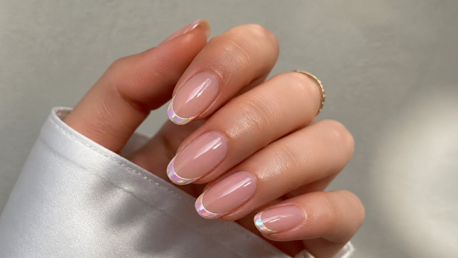 Sheer soap nails with a subtle iridescent French tip