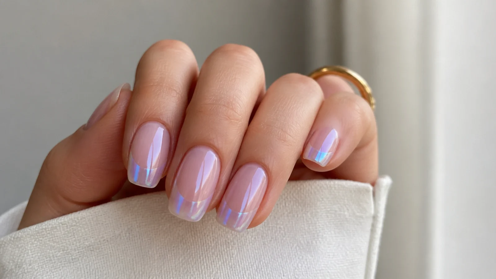 Sheer soap bubble nails flashing icy blue iridescence on natural nails