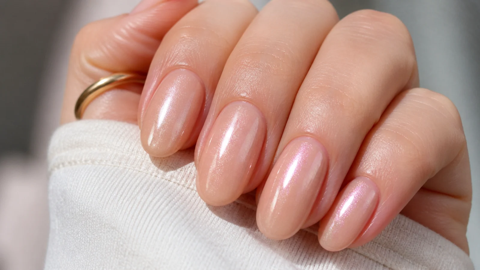 Sheer champagne shimmer soap nails with a warm iridescent glow