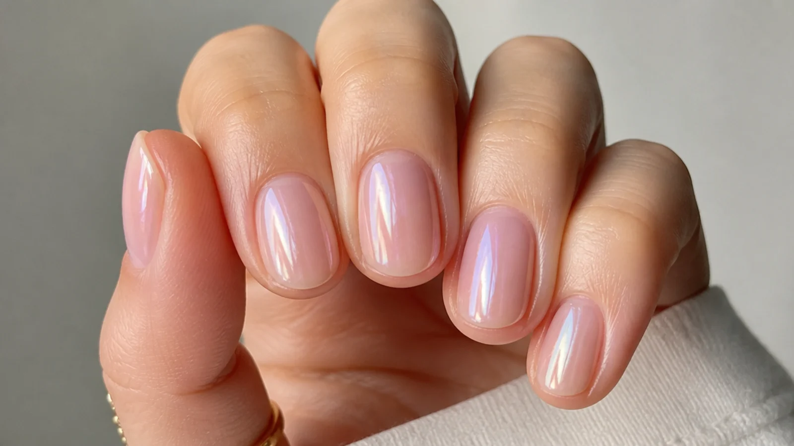Short natural soap bubble nails with a sheer iridescent wash