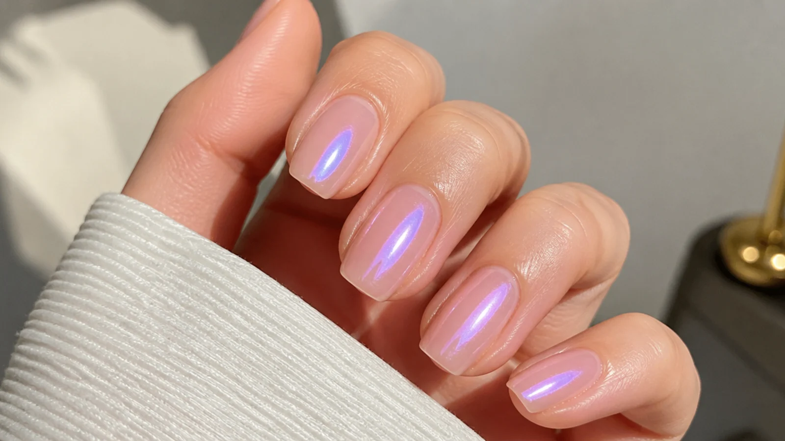 Sheer pink soap nails with an opal glazed iridescent sheen