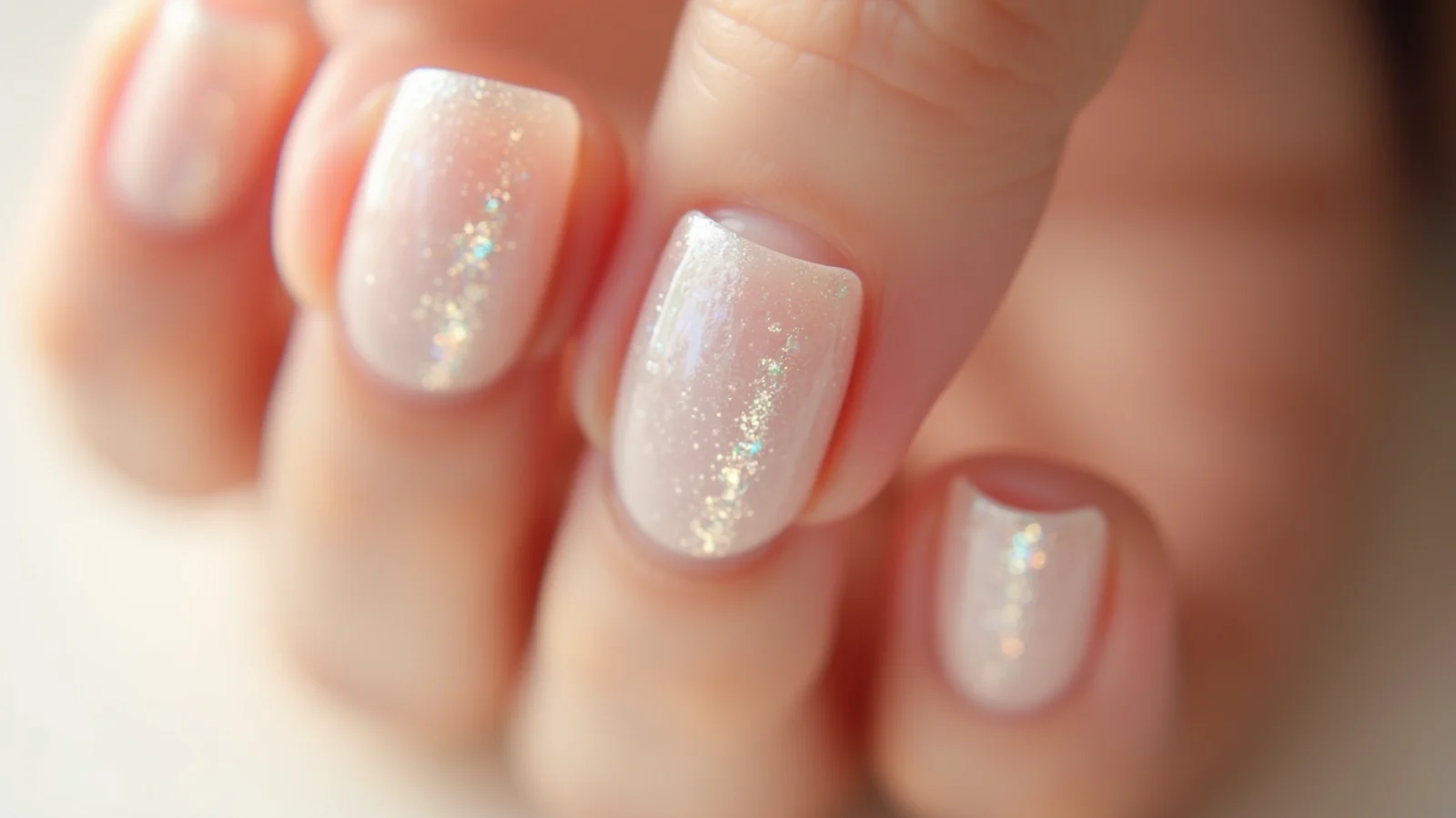 Sheer nude soap bubble nails with a subtle iridescent clean-girl finish