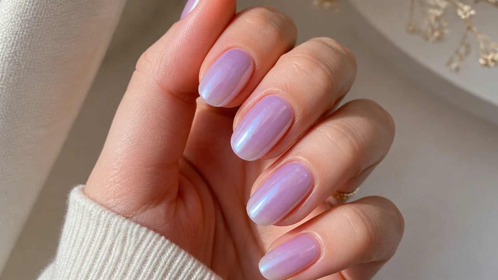 Sheer frosted lilac soap nails with a cool iridescent shimmer