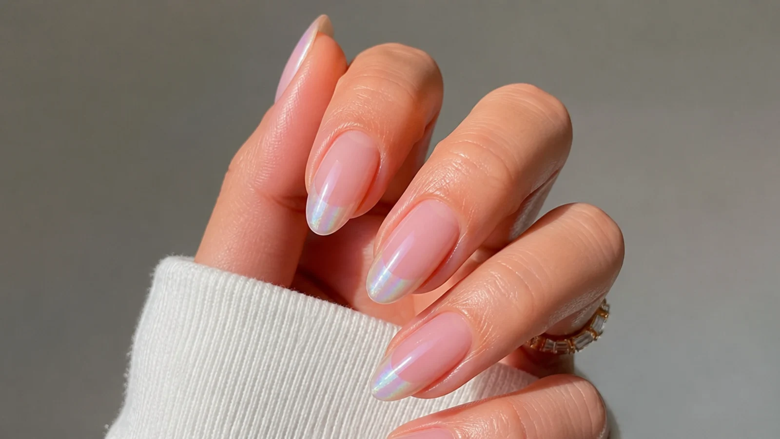 Sheer soap nails with iridescent aurora shimmer concentrated at the tips