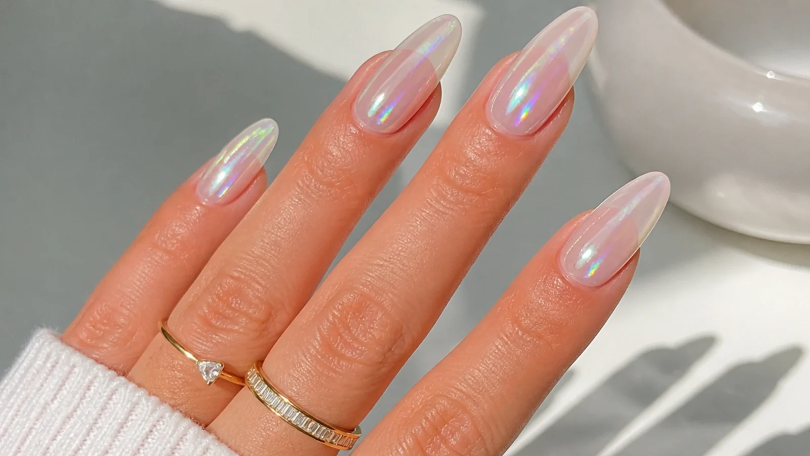 Long almond soap nails with a full sheer iridescent bubble finish