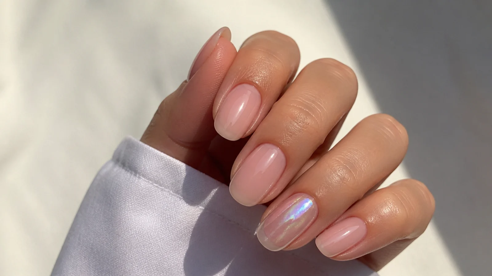 Sheer soap nails with one holographic iridescent accent nail