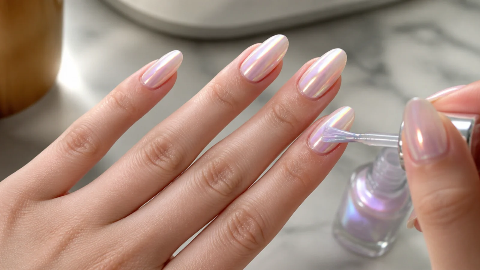 Sheer soap bubble manicure being applied at home with thin coats