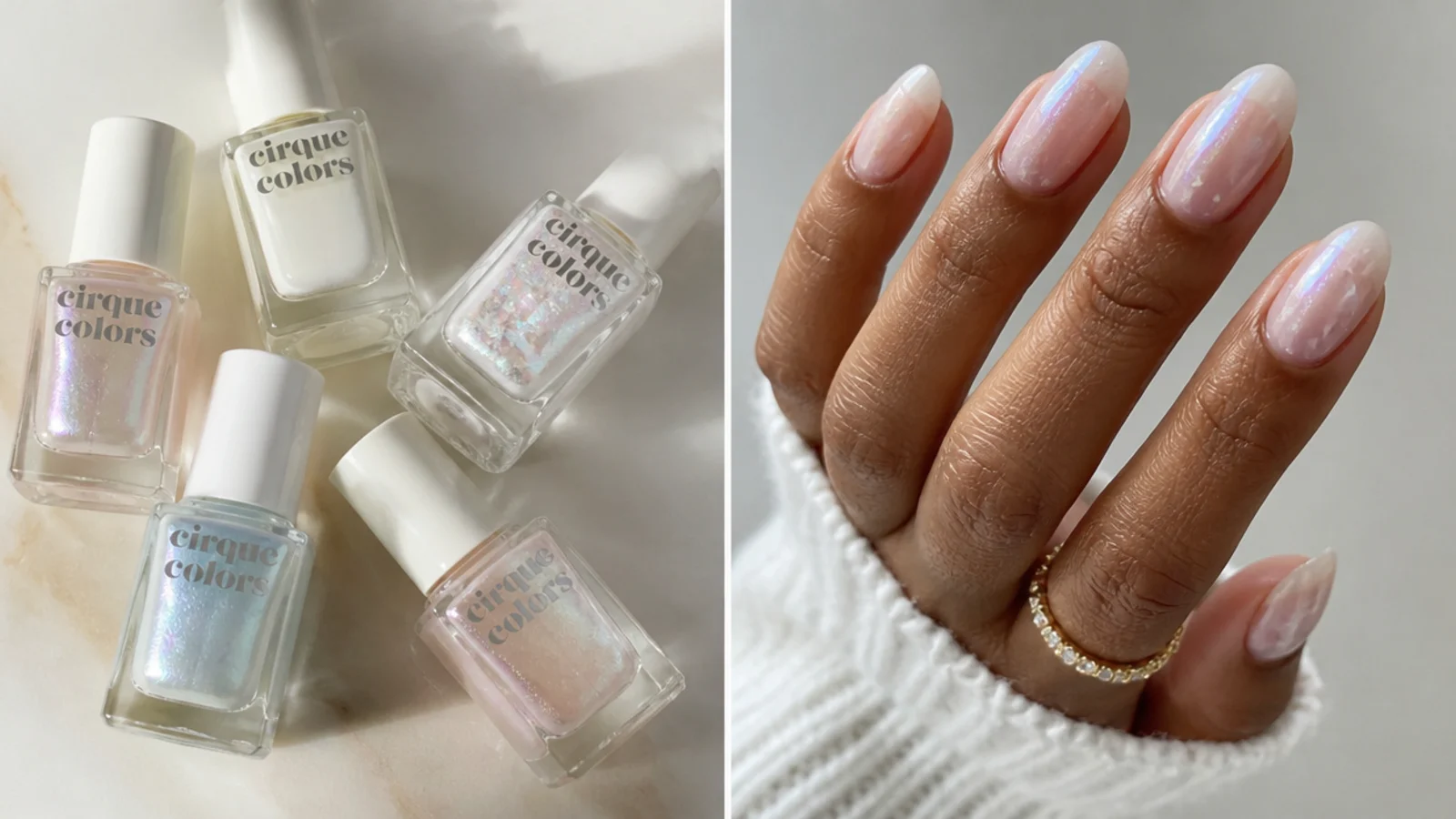 Flat lay of sheer milky and iridescent nail polish bottles
