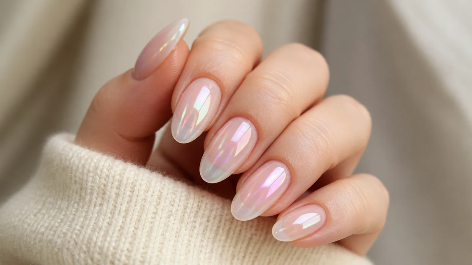 Sheer iridescent soap bubble nails on an almond shape with a just-washed glassy finish