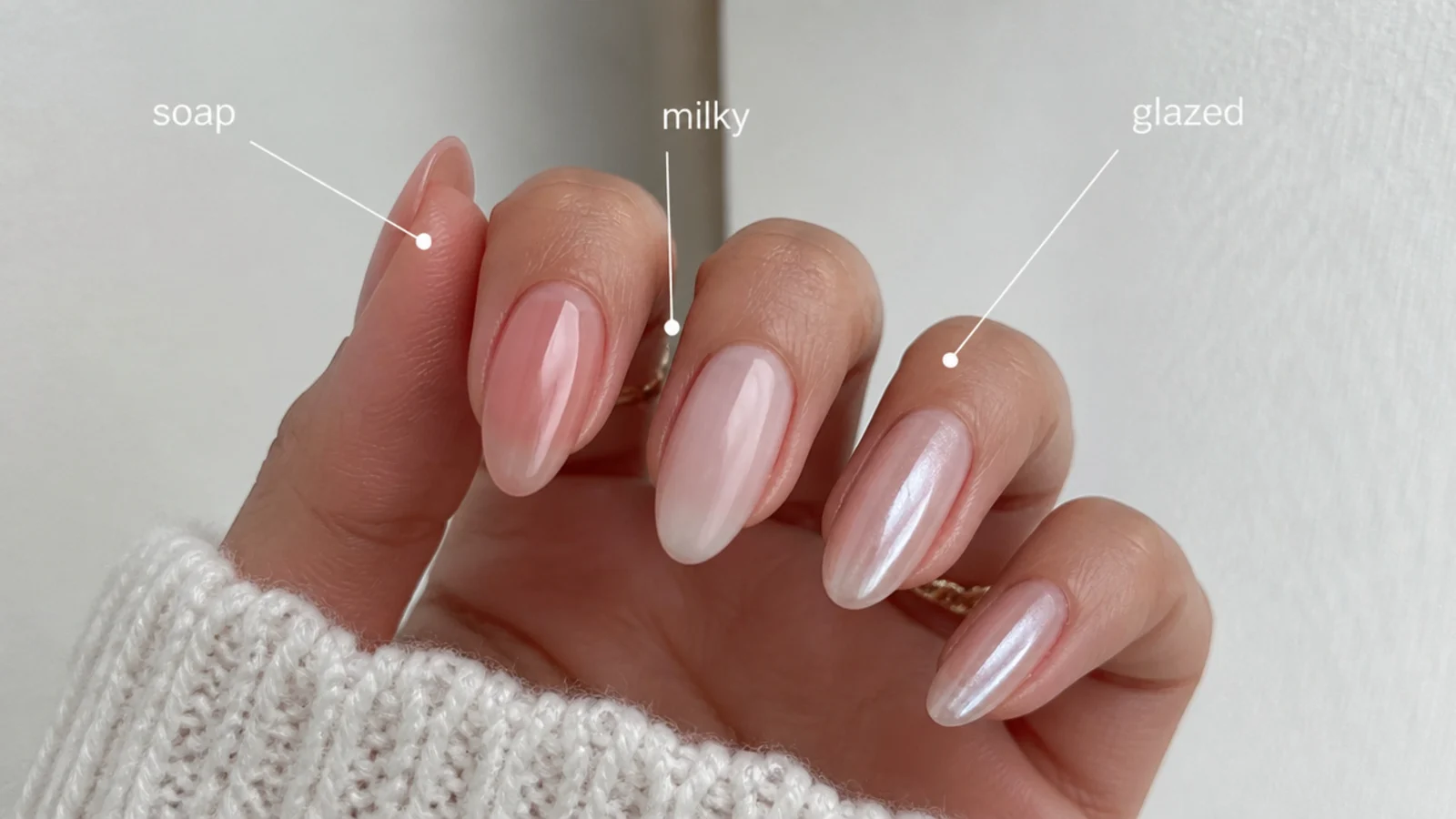 Three sheer nail finishes side by side - soap, milky and glazed