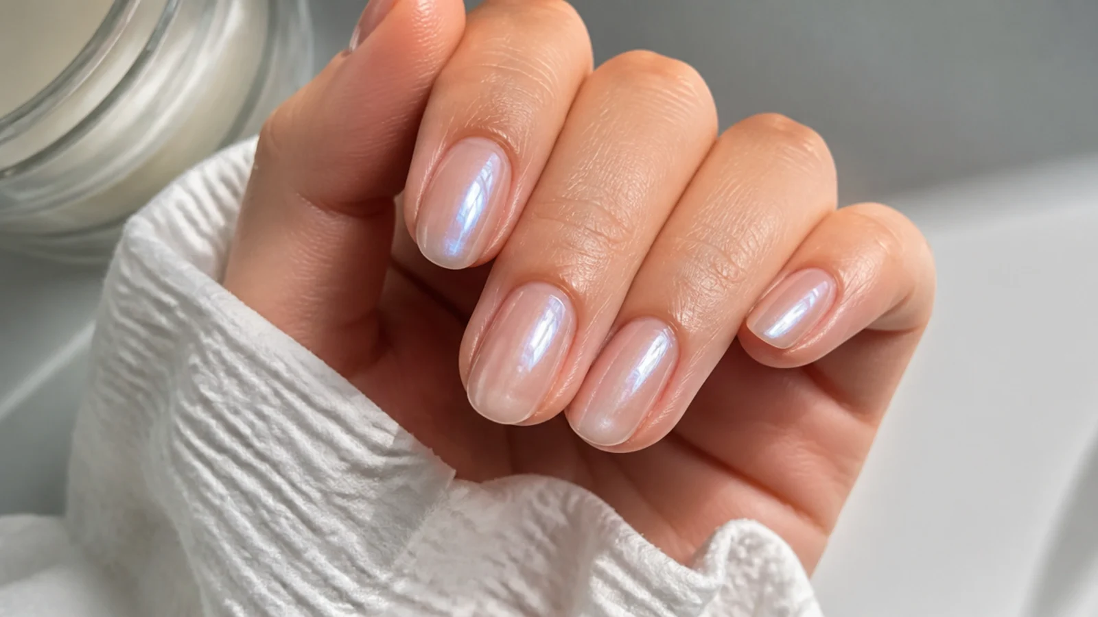 Sheer soap nails with a subtle pearl glazed sheen over a natural base
