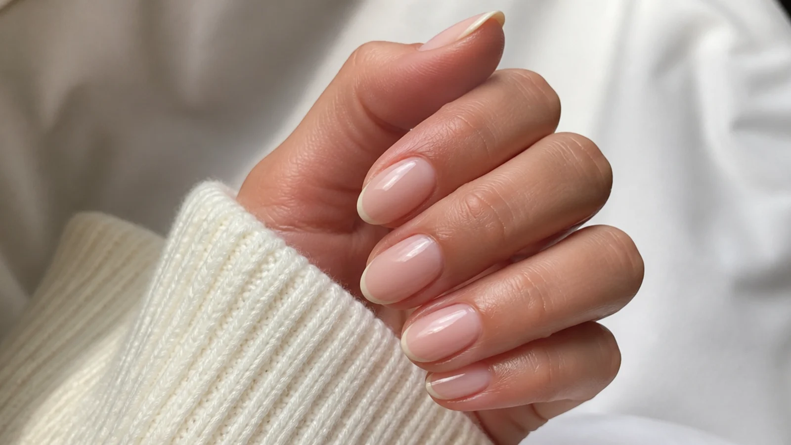 Short almond soap nails with a sheer natural finish and neat free edge