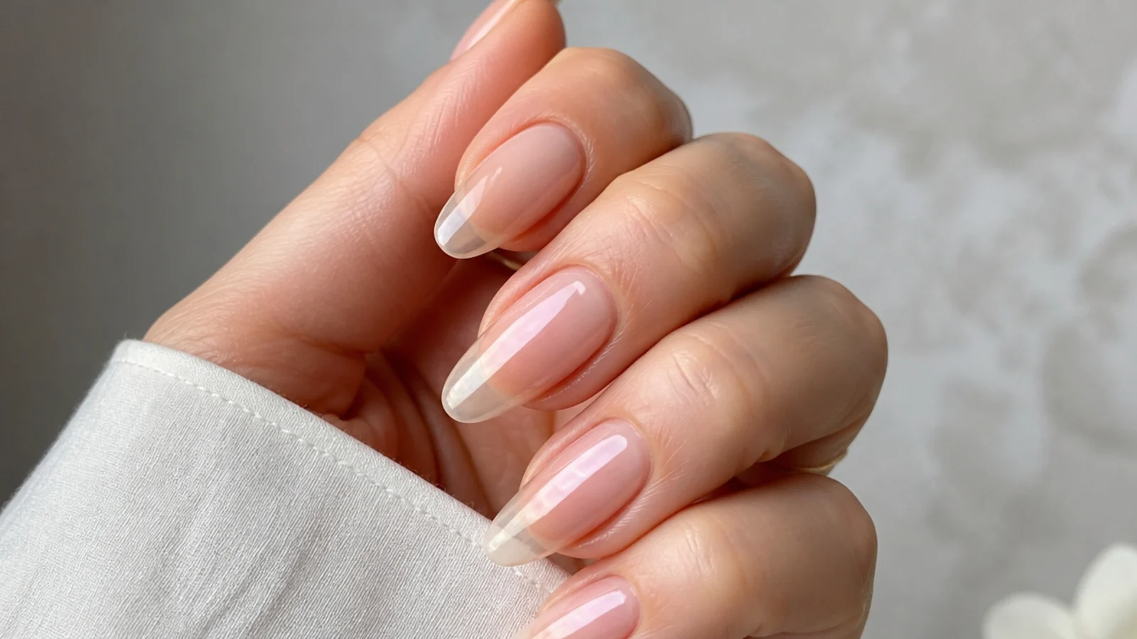 Long oval soap nails with a sheer translucent finish and long free edge