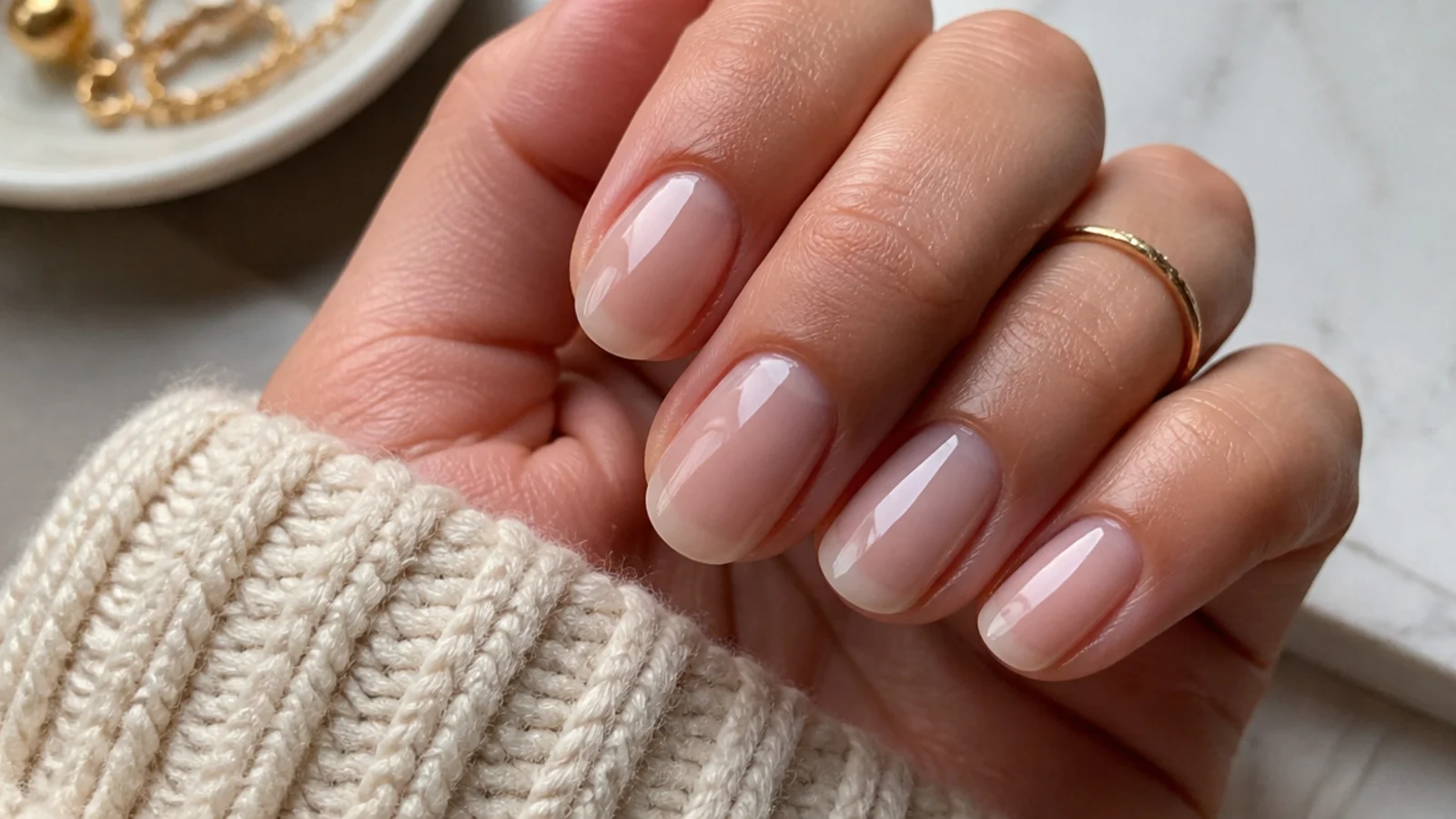 Sheer warm nude soap nails with a soft translucent beige-pink wash