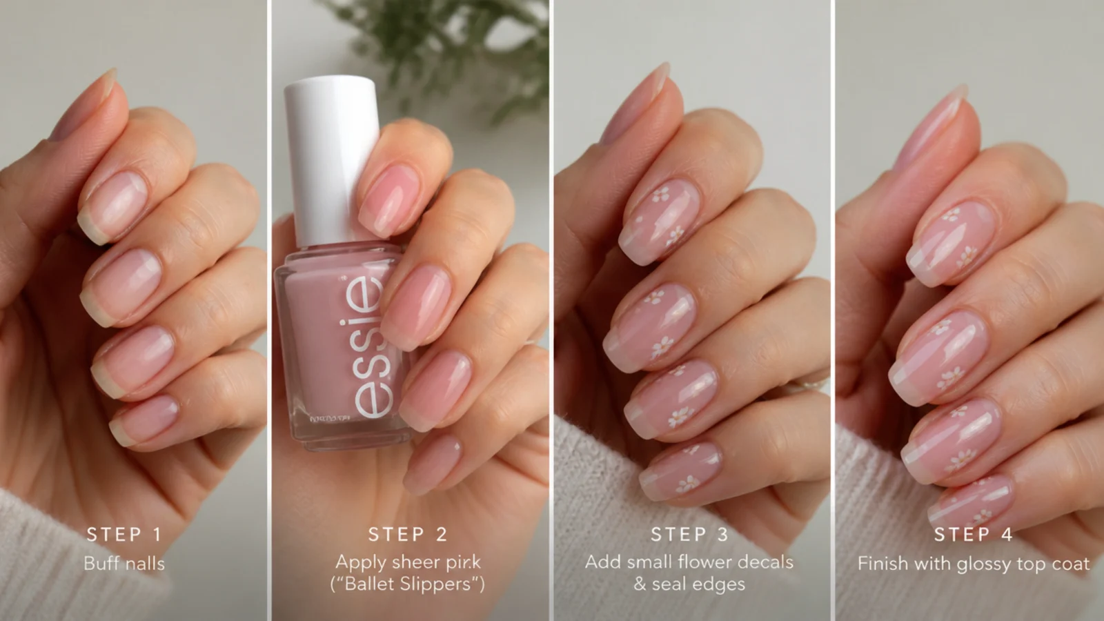 At-home soap nail steps with buffer, sheer polish and glossy top coat