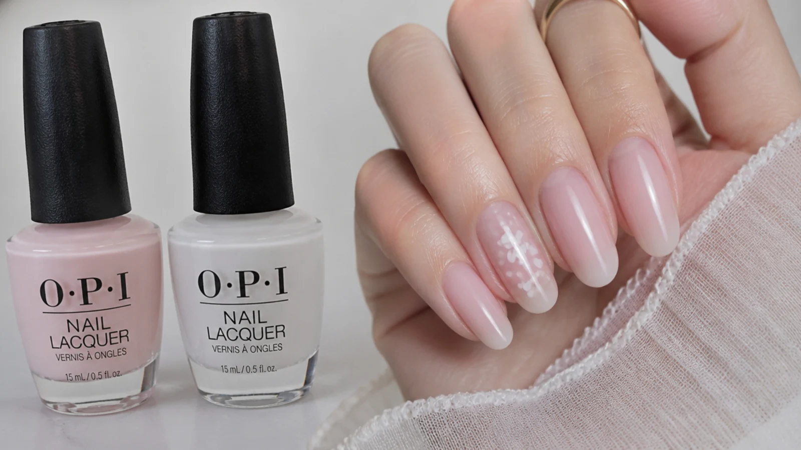 Bottles of sheer pale pink and milky-clear soap nail polishes including OPI