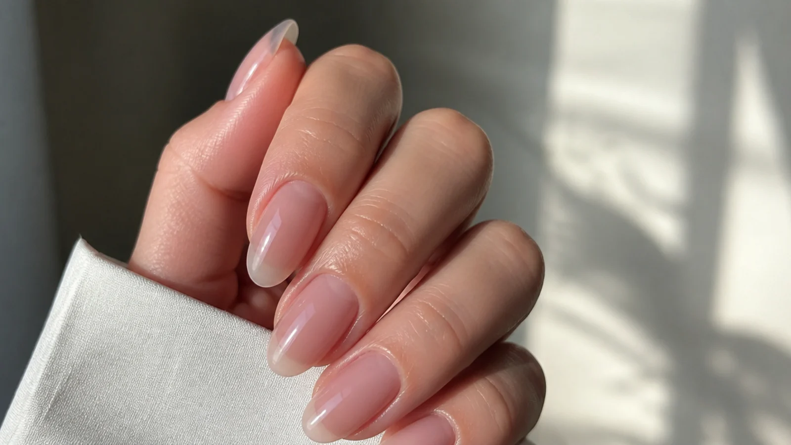 Sheer translucent soap nails with a glassy just-washed finish on almond shapes