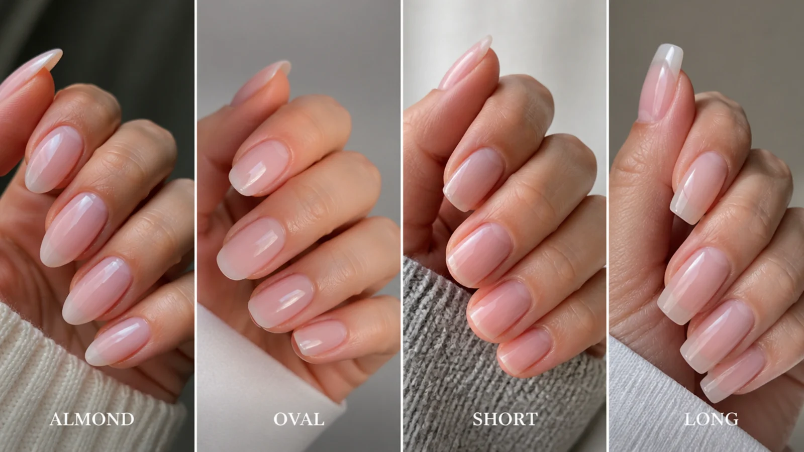 Sheer soap nails shown on almond, oval, short and long shapes