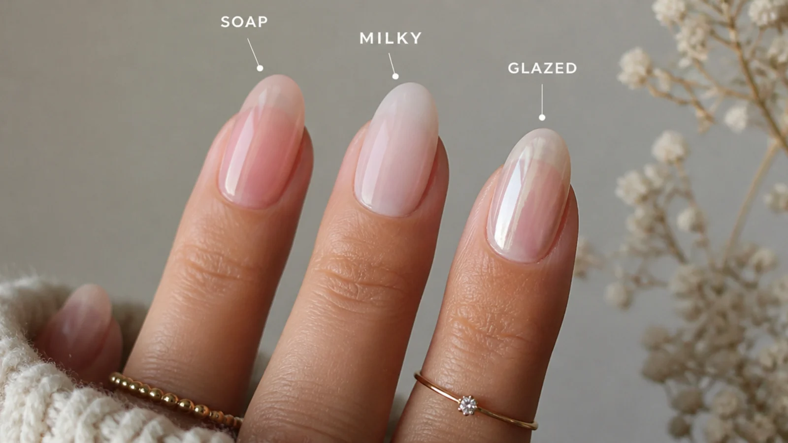 Three sheer nail finishes compared - soap, milky and glazed side by side