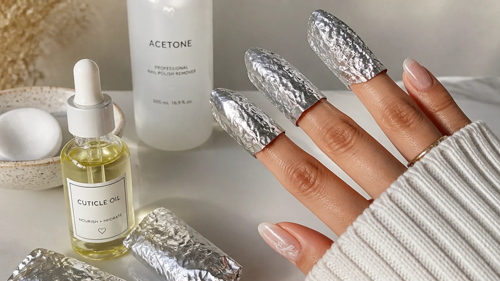 Cuticle oil and acetone foils for maintaining and removing sheer gel nails
