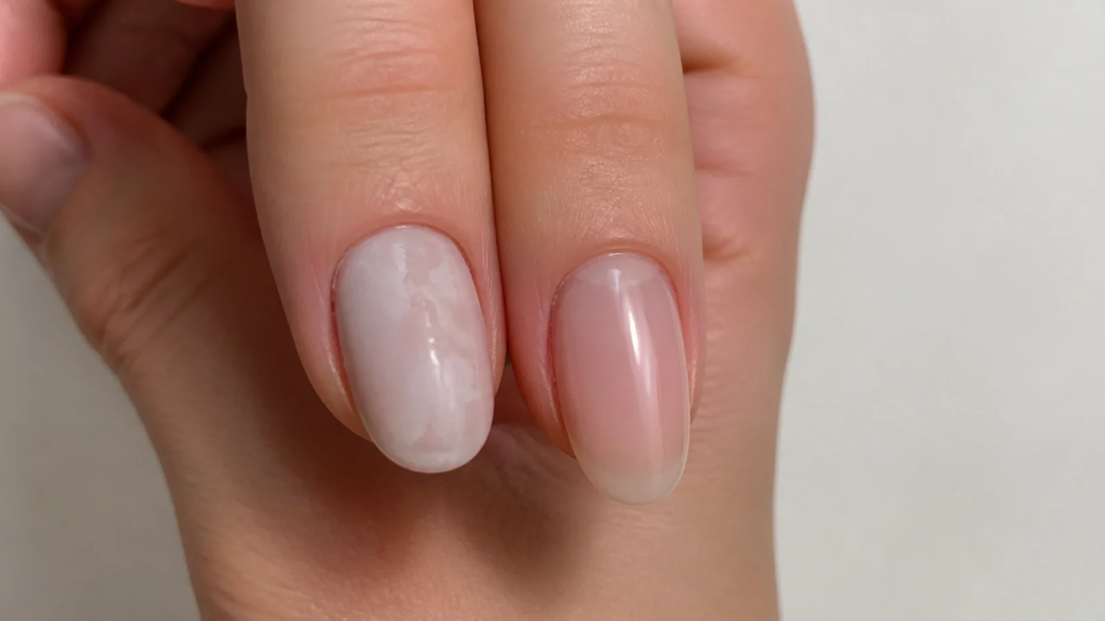 A patchy opaque nail next to a clean sheer glassy one for comparison
