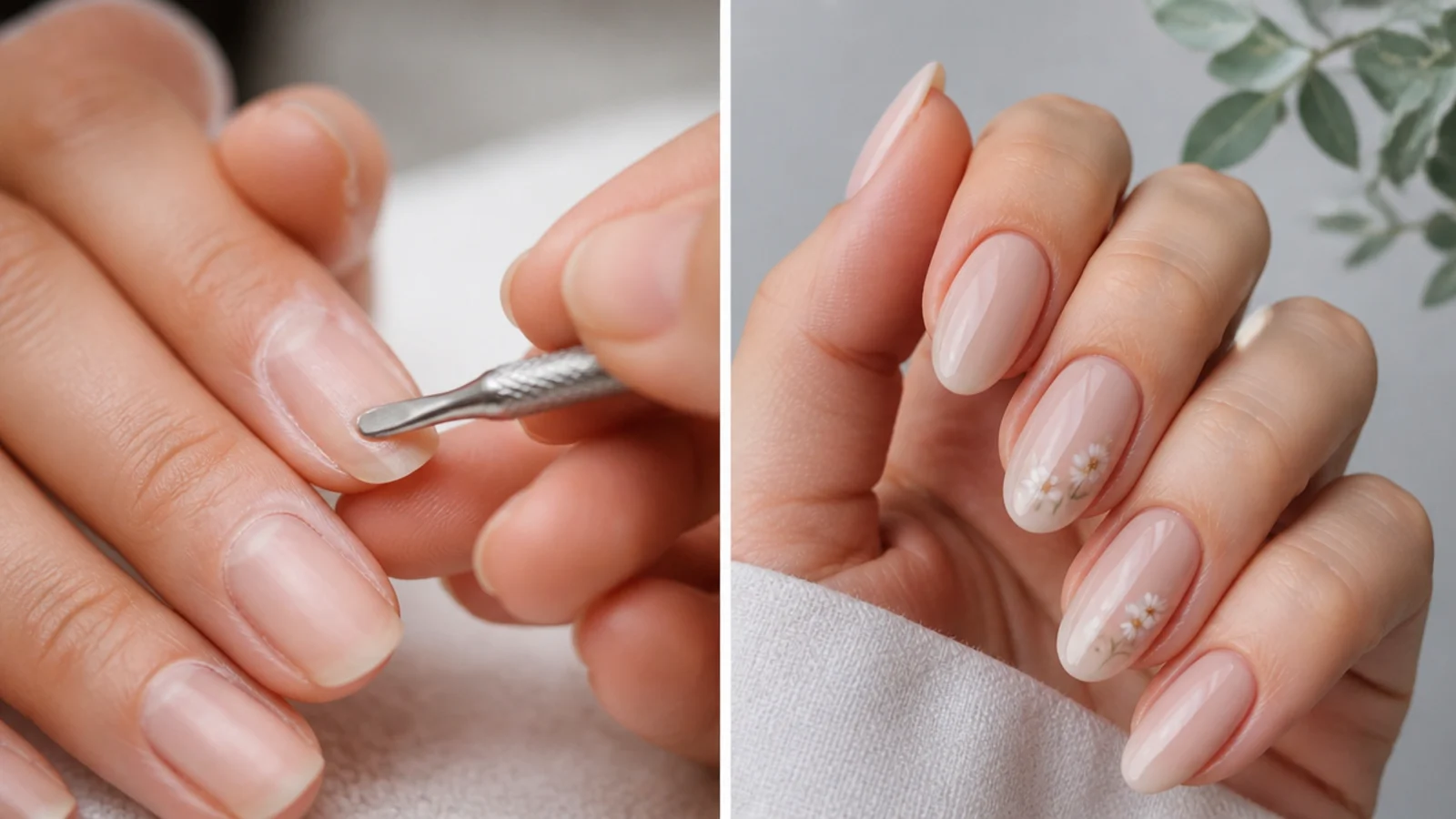 Nails being shaped into a soft almond and cuticles pushed back before soap nail color