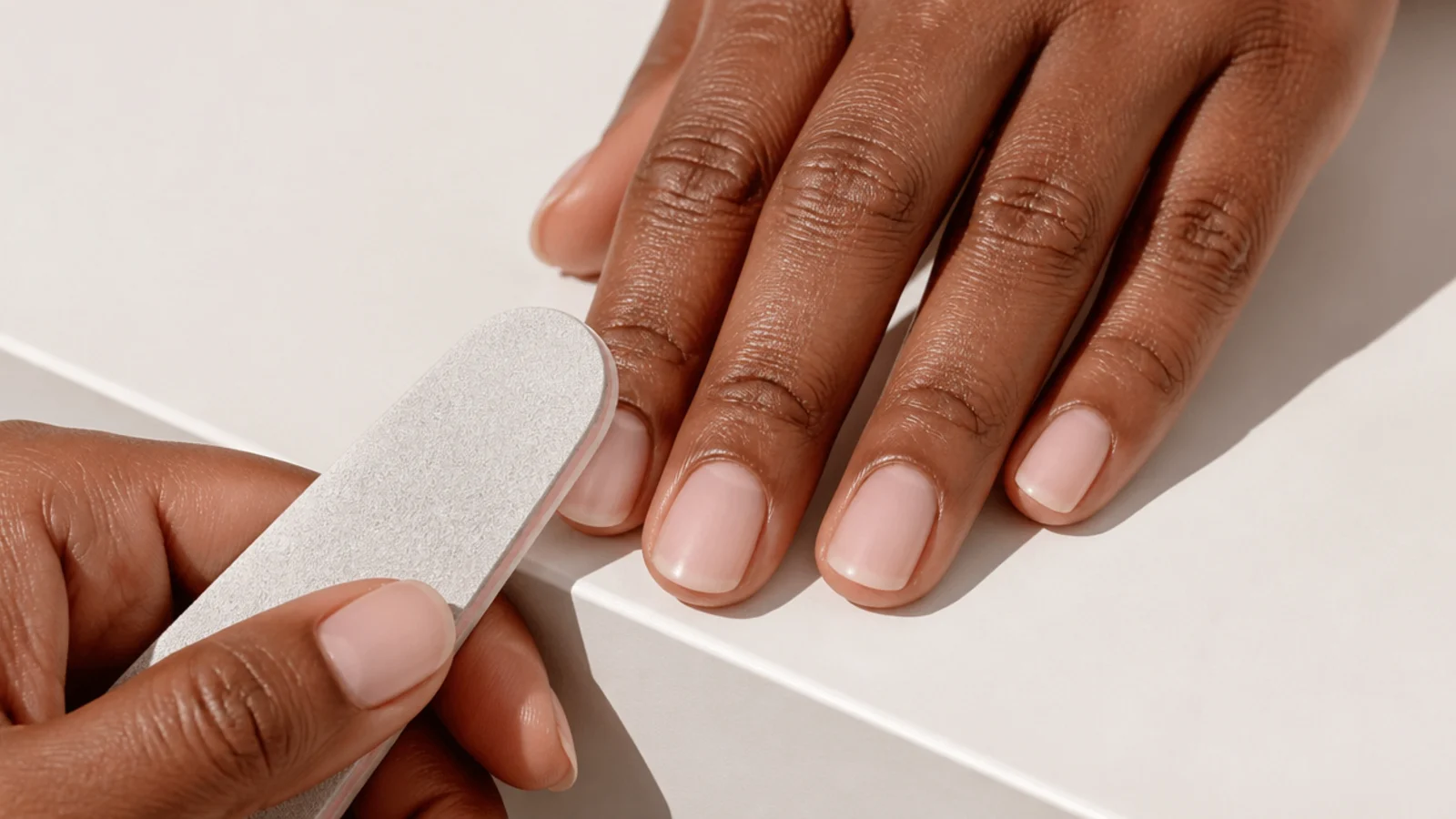 A buffer bringing the natural nail to a smooth even matte finish