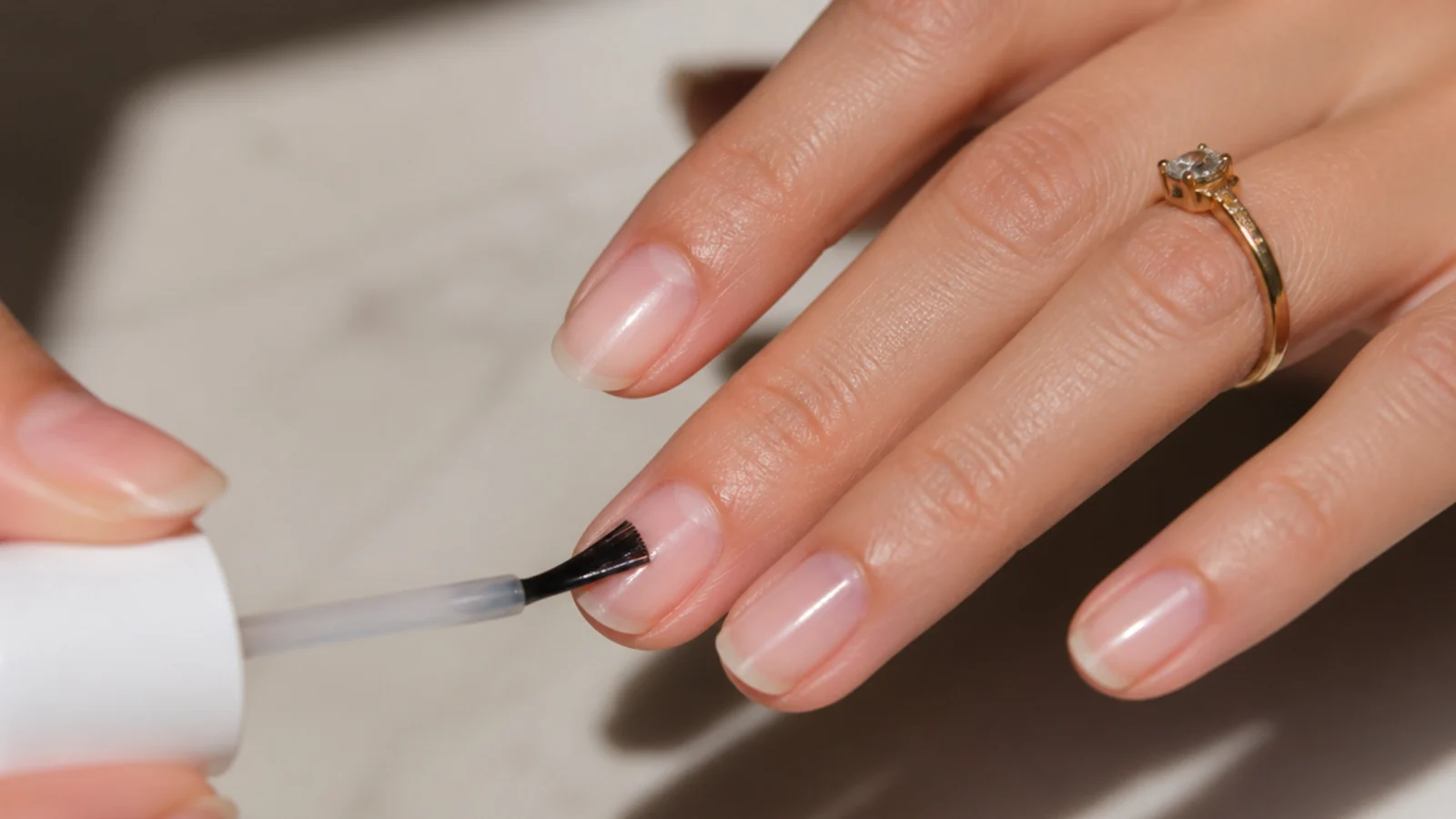 A thin clear gel base coat being brushed onto a prepped natural nail
