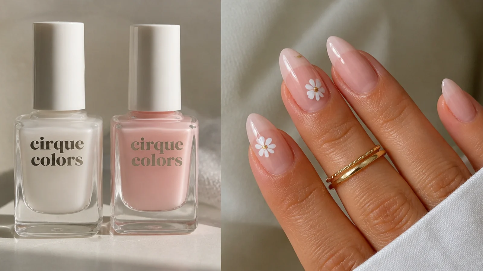 Two sheer bottles side by side, a milky clear and a barely-there pink, for soap nails