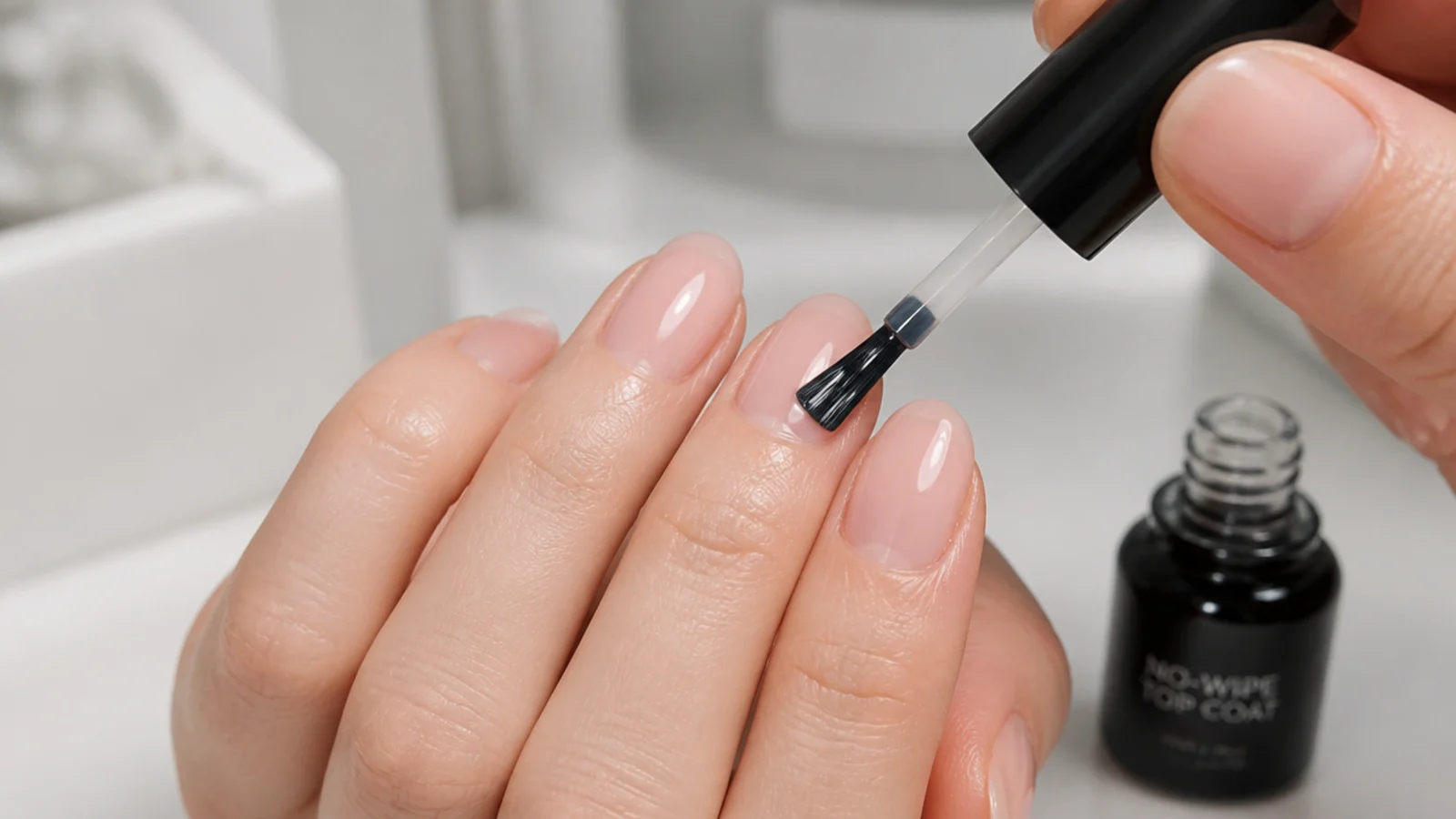 A glossy no-wipe top coat sealing sheer nails to a wet glassy shine