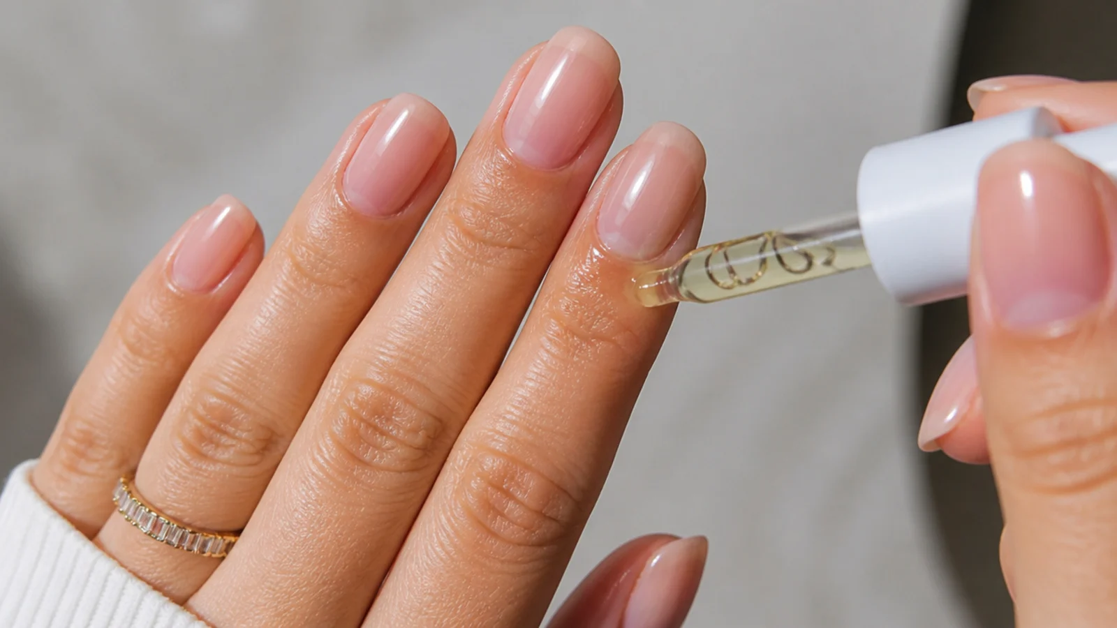 Cuticle oil being massaged around glossy sheer soap nails to finish the clean look