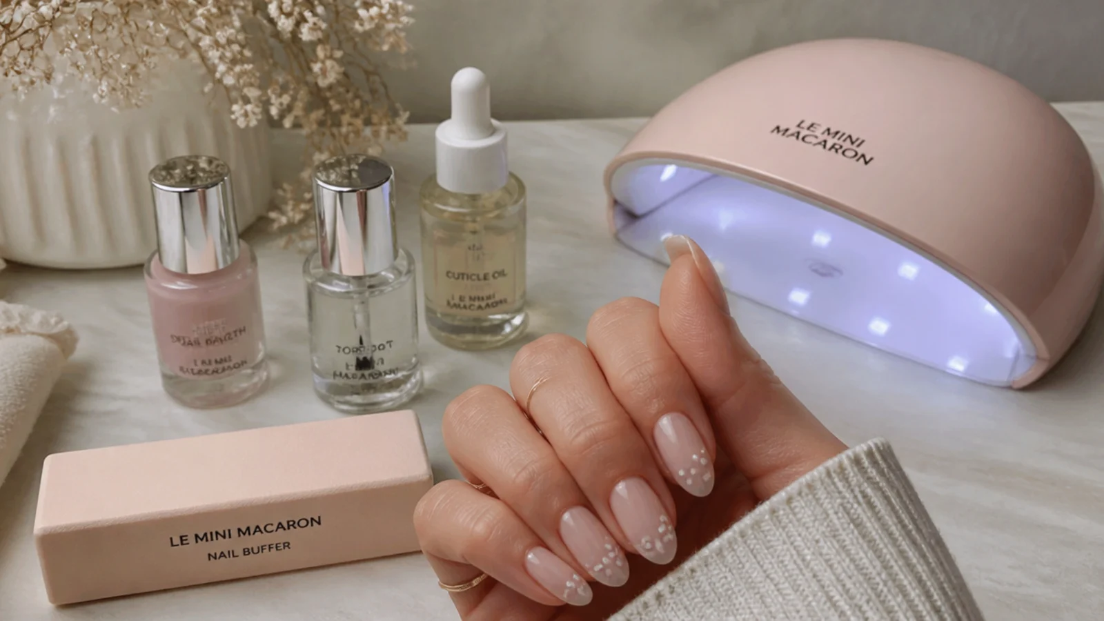 Soap nail supplies laid out - buffer, sheer polish, top coat, lamp and cuticle oil