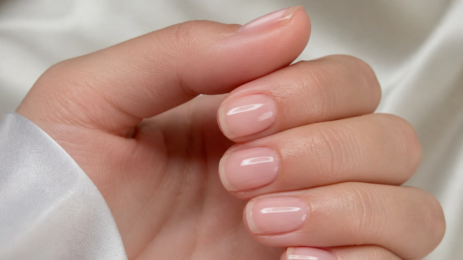 Short natural nails in a glassy clear sheer finish with a visible free edge