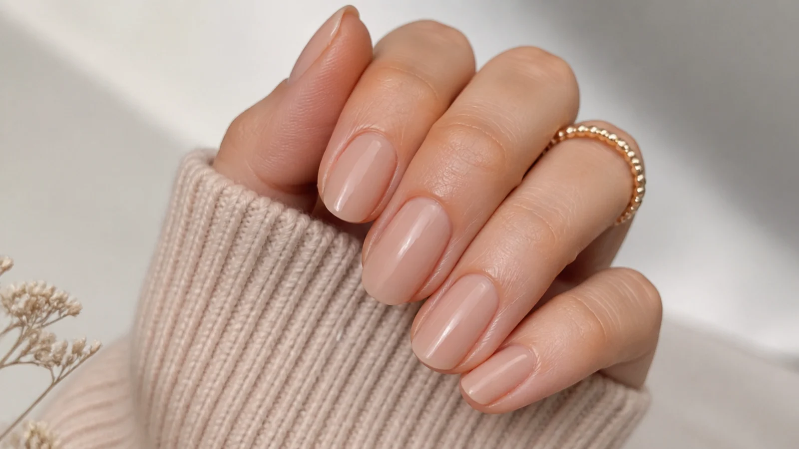 Oval nails in a sheer neutral nude soap finish that matches the skin tone