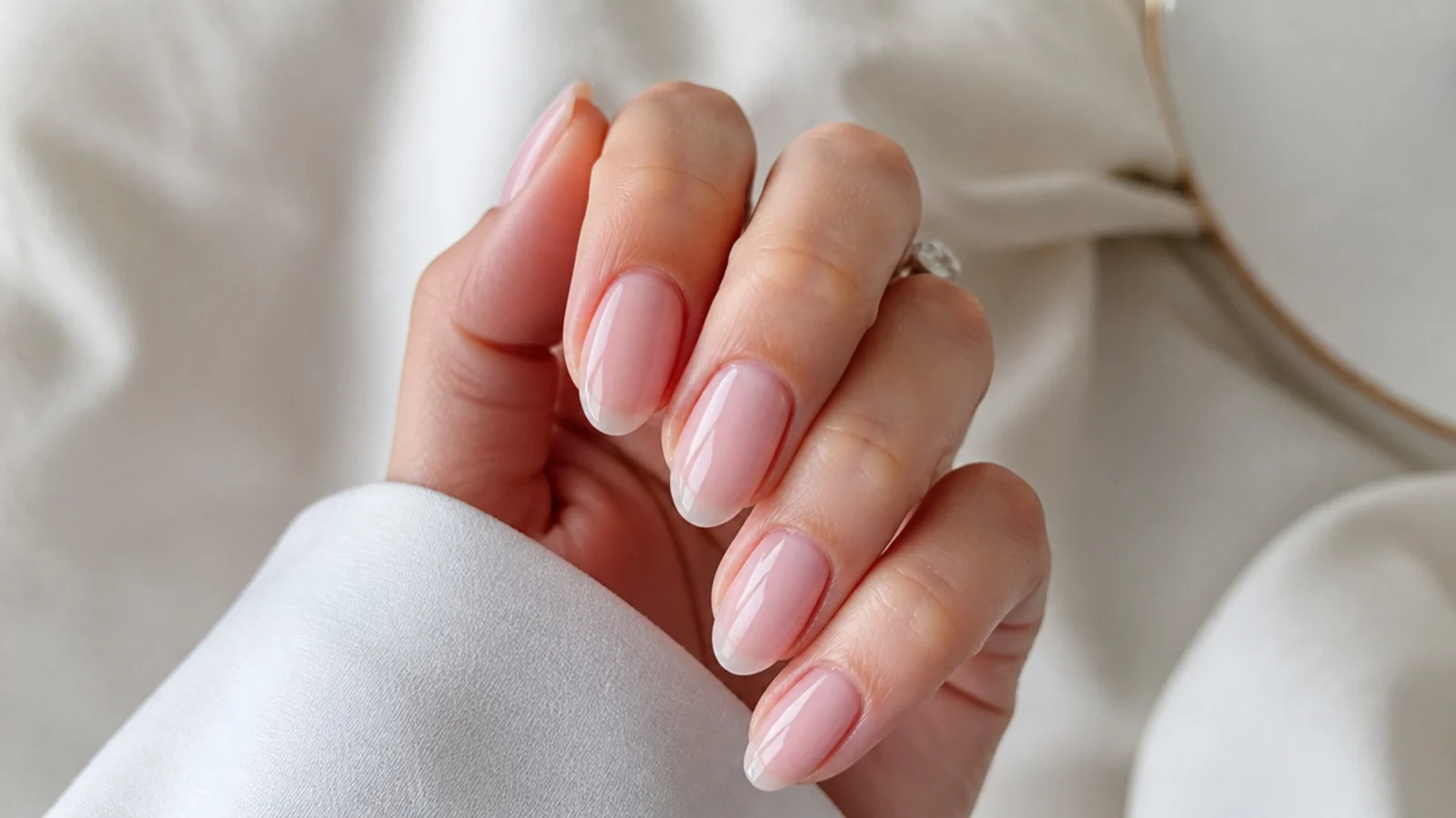 Oval nails in OPI Bubble Bath sheer soft pink-nude soap finish