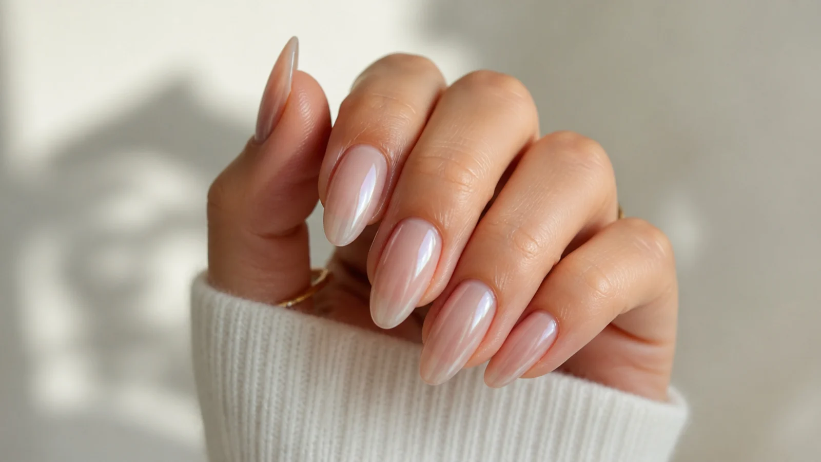 Almond nails in a sheer soap base with a faint glazed pearl chrome sheen