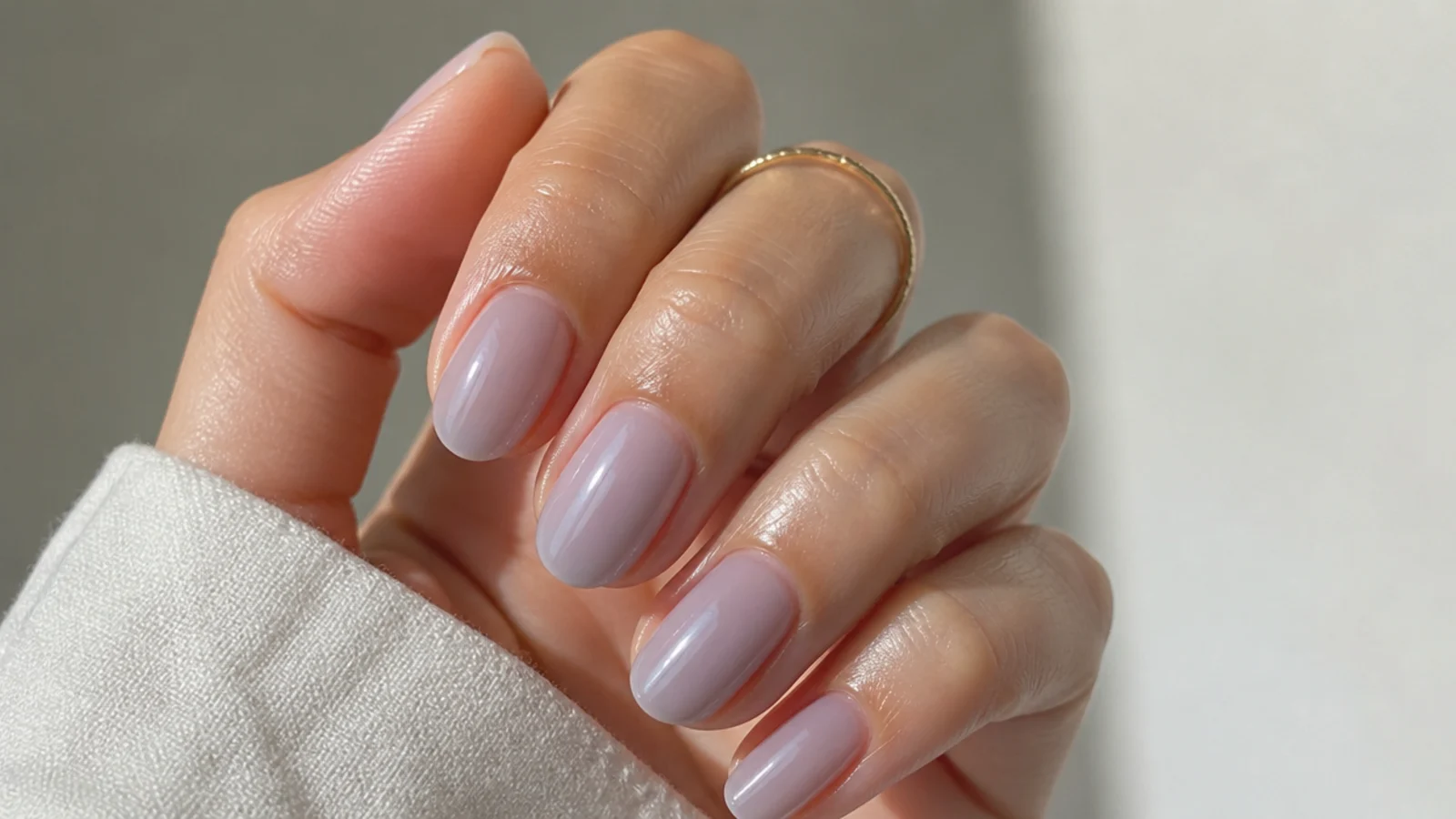 Oval nails in a barely-there sheer lavender soap finish