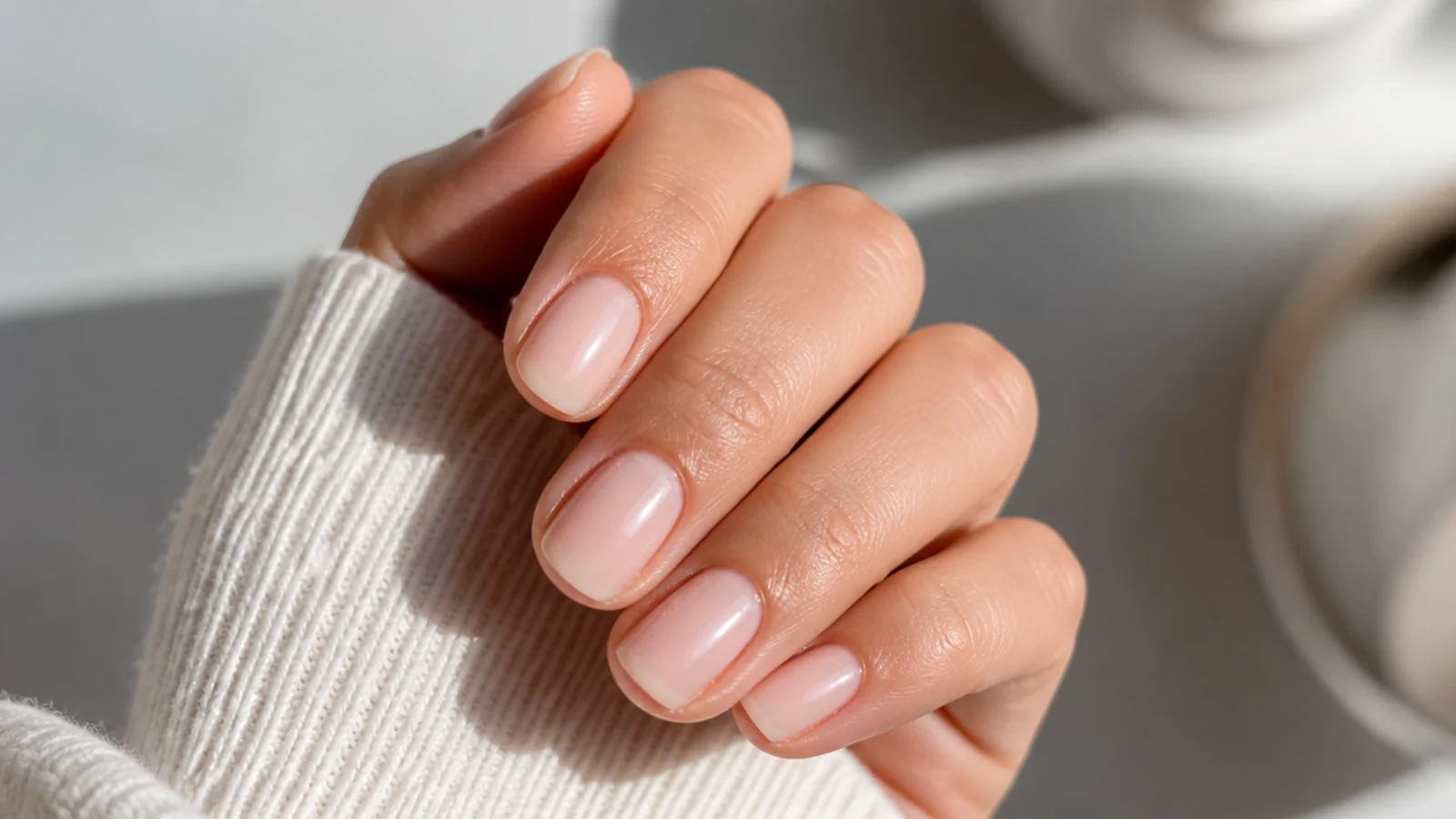 Short squoval nails in a sheer milky-clear soap finish